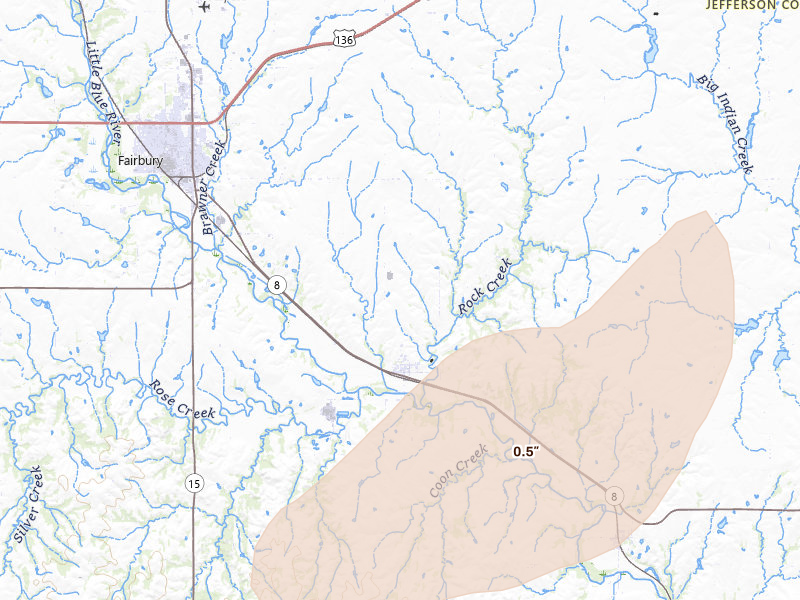Radar-estimated hail-size map of the storm over Fairbury, NE on Apr 11, 2026