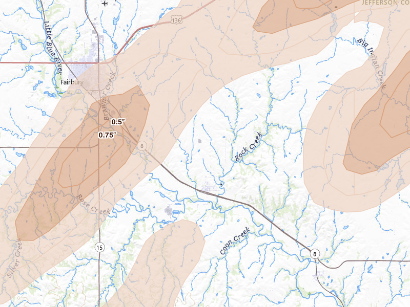 Radar-estimated hail-size map of the storm over Fairbury, NE on Apr 23, 2026
