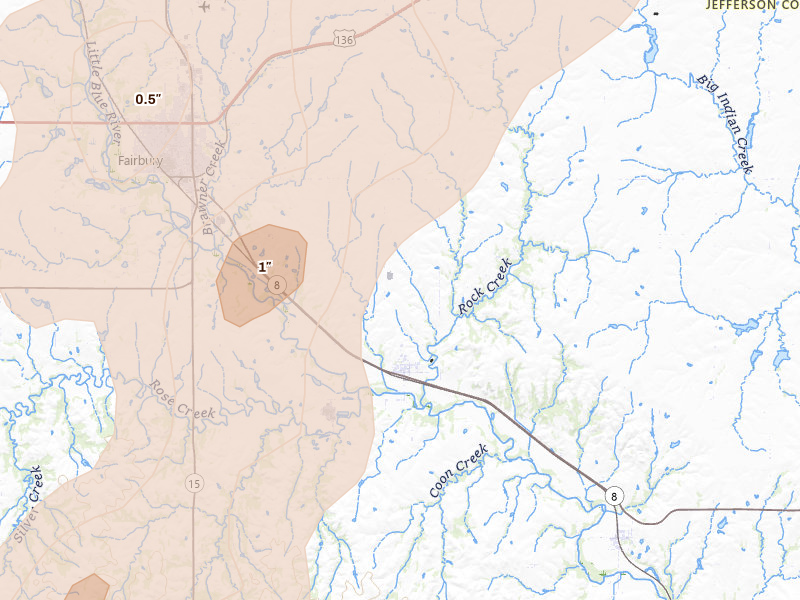Radar-estimated hail-size map of the storm over Fairbury, NE on May 16, 2026