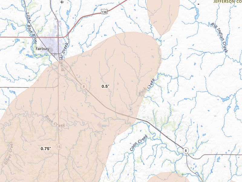 Radar-estimated hail-size map of the storm over Fairbury, NE on May 17, 2026