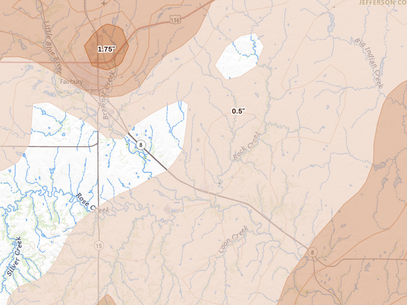 Radar-estimated hail-size map of the storm over Fairbury, NE on May 18, 2026