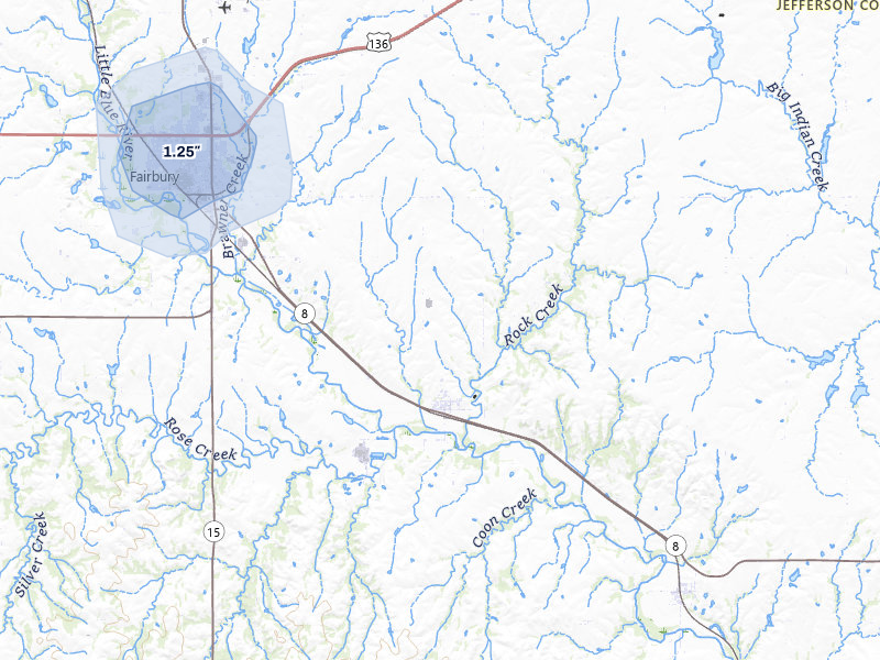 NEXRAD radar-signature map of the hail storm over Fairbury, NE on May 29, 2026