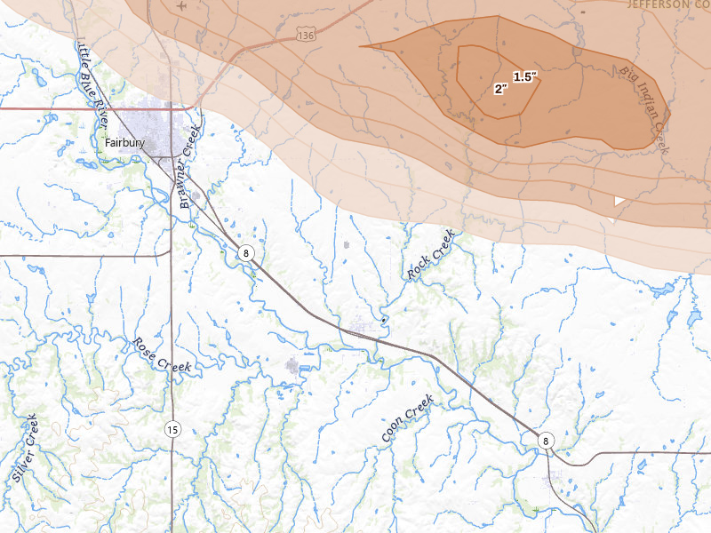 Radar-estimated hail-size map of the storm over Fairbury, NE on Jun 20, 2026