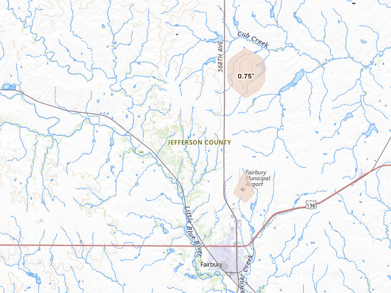 Radar-estimated hail-size map of the storm over Fairbury, NE on Aug 20, 2026
