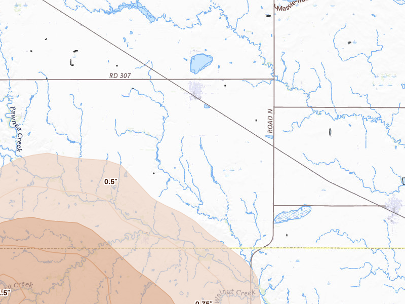 Radar-estimated hail-size map of the storm over Fairfield, NE on May 16, 2026
