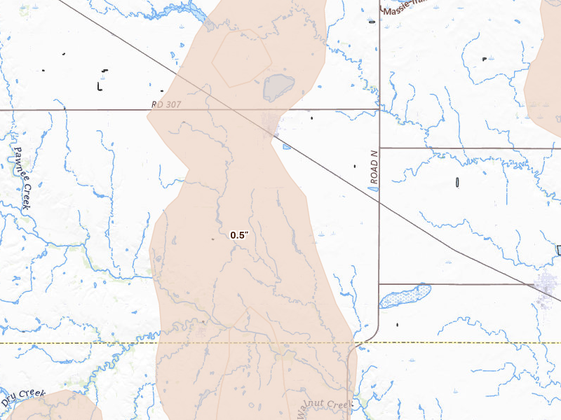 Radar-estimated hail-size map of the storm over Fairfield, NE on Jun 5, 2026