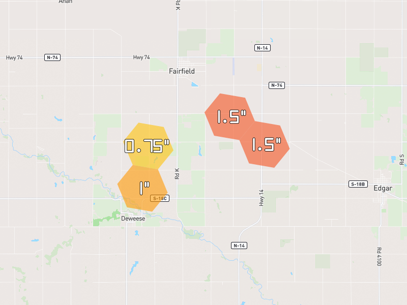 Hail map of Fairfield, NE on Jun 6, 2026, hail up to 1.5"
