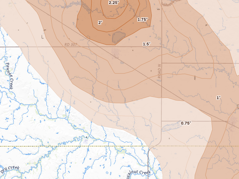 Radar-estimated hail-size map of the storm over Fairfield, NE on Jun 20, 2026