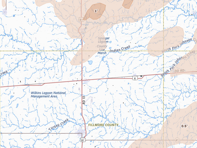 Radar-estimated hail-size map of the storm over Fairmont, NE on Apr 25, 2026