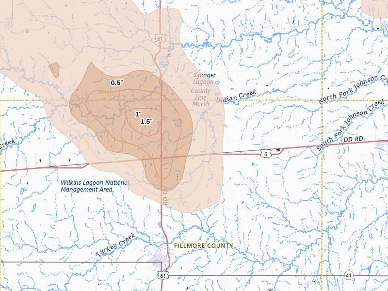 Radar-estimated hail-size map of the storm over Fairmont, NE on May 16, 2026