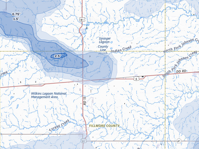 NEXRAD radar-signature map of the hail storm over Fairmont, NE on May 16, 2026