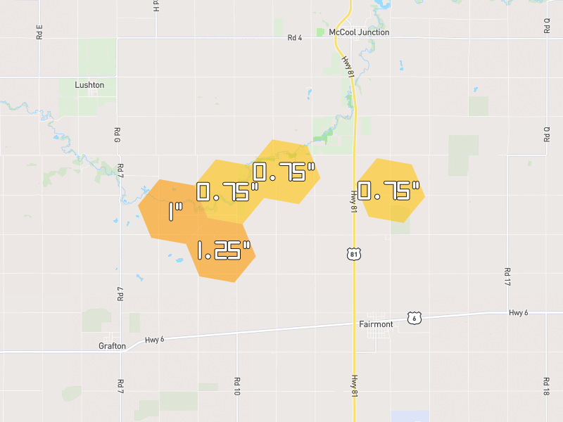 Hail map of Fairmont, NE on Jun 2, 2026, hail up to 1.25"