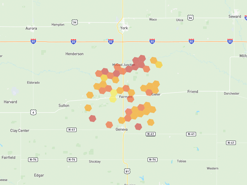 Hail map of Fairmont, NE on Jun 6, 2026, hail up to 2.5"