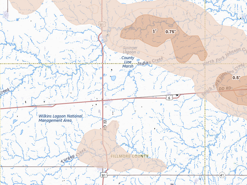 Radar-estimated hail-size map of the storm over Fairmont, NE on Jul 8, 2026