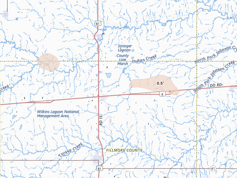 Radar-estimated hail-size map of the storm over Fairmont, NE on Jul 27, 2026
