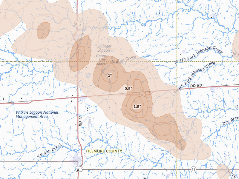Radar-estimated hail-size map of the storm over Fairmont, NE on Aug 19, 2026