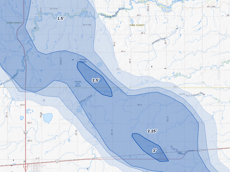 NEXRAD radar-signature map of the hail storm over Fairmont, NE on Aug 19, 2026
