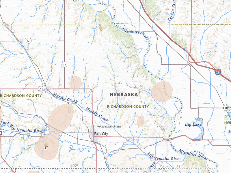 Radar-estimated hail-size map of the storm over Falls City, NE on Mar 5, 2026