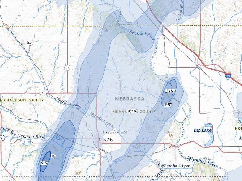 NEXRAD radar-signature map of the hail storm over Falls City, NE on Mar 5, 2026