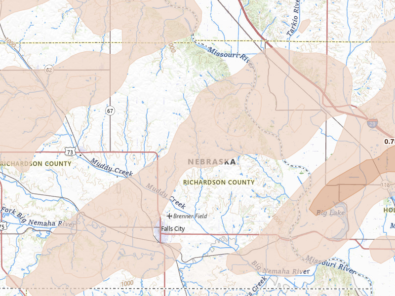 Radar-estimated hail-size map of the storm over Falls City, NE on Apr 23, 2026