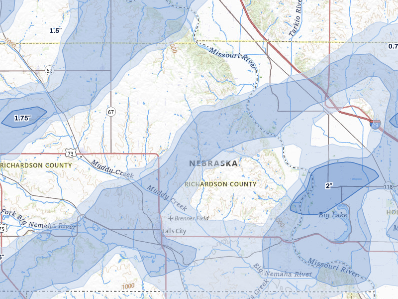 NEXRAD radar-signature map of the hail over Falls City, NE