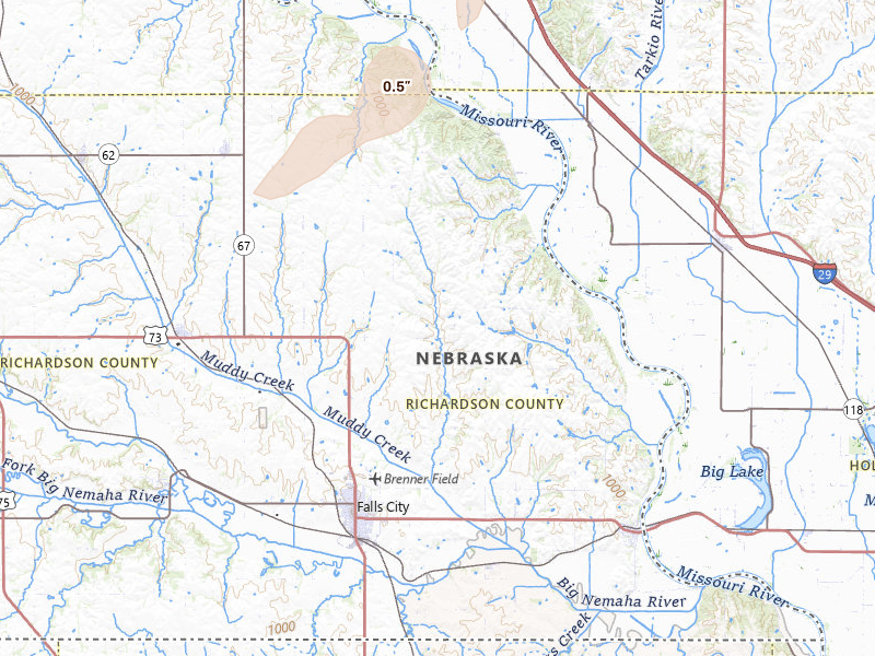 Radar-estimated hail-size map of the storm over Falls City, NE on Apr 26, 2026