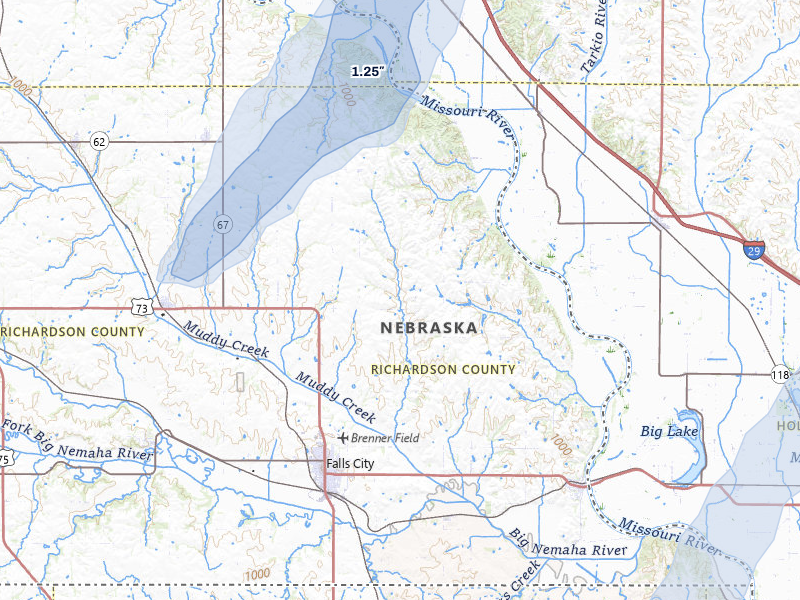 NEXRAD radar-signature map of the hail over Falls City, NE