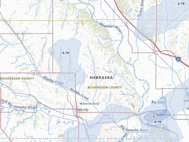 NEXRAD radar-signature map of the hail storm over Falls City, NE on May 16, 2026