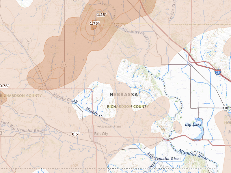 Radar-estimated hail-size map of the storm over Falls City, NE on May 18, 2026