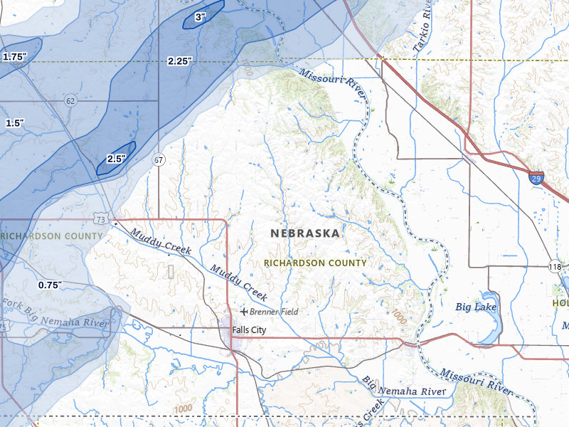 NEXRAD radar-signature map of the hail storm over Falls City, NE on May 18, 2026