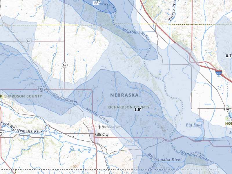 NEXRAD radar-signature map of the hail storm over Falls City, NE on Jul 3, 2026