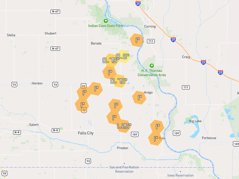 Hail map of Falls City, NE on Jul 4, 2026, hail up to 1.25"