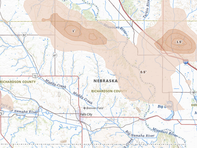 Radar-estimated hail-size map of the storm over Falls City, NE on Aug 9, 2026