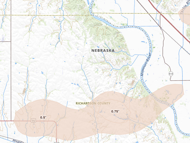 Radar-estimated hail-size map of the storm over Falls City, NE on Aug 19, 2026