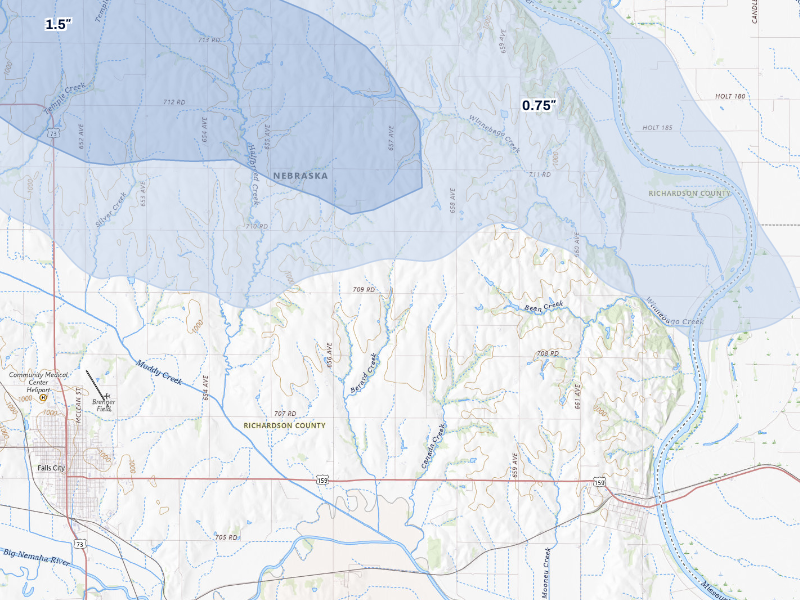 NEXRAD radar-signature map of the hail storm over Falls City, NE on Aug 19, 2026