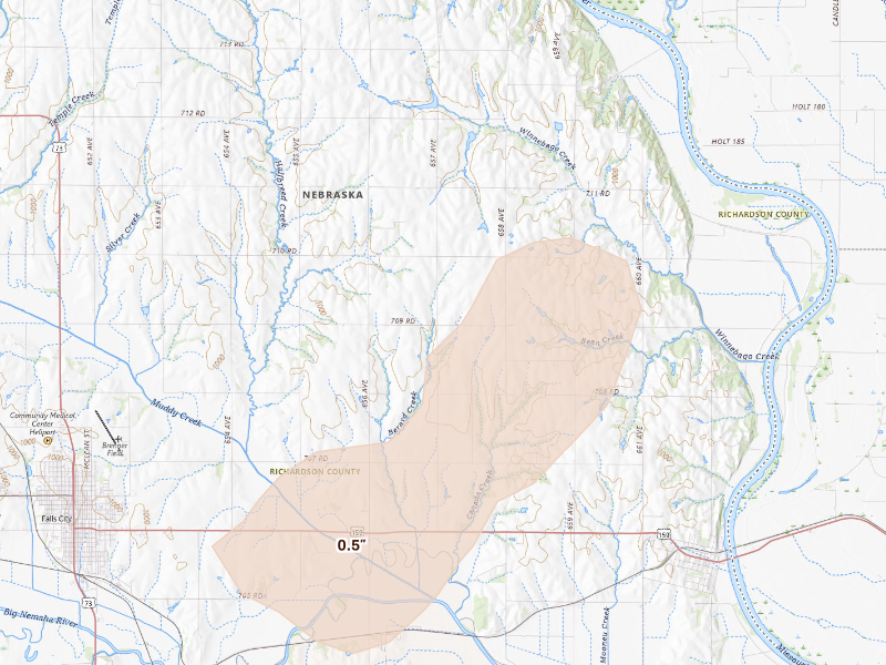 Radar-estimated hail-size map of the storm over Falls City, NE