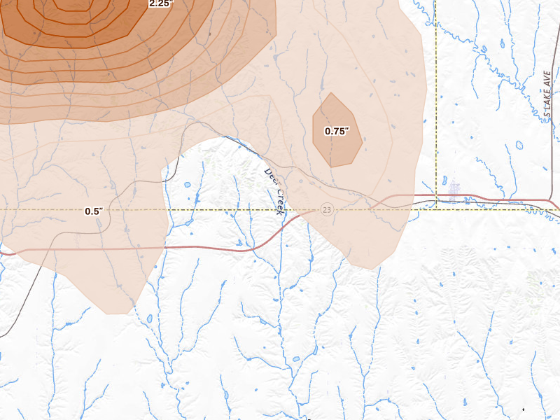Radar-estimated hail-size map of the storm over Farnam, NE on May 16, 2026