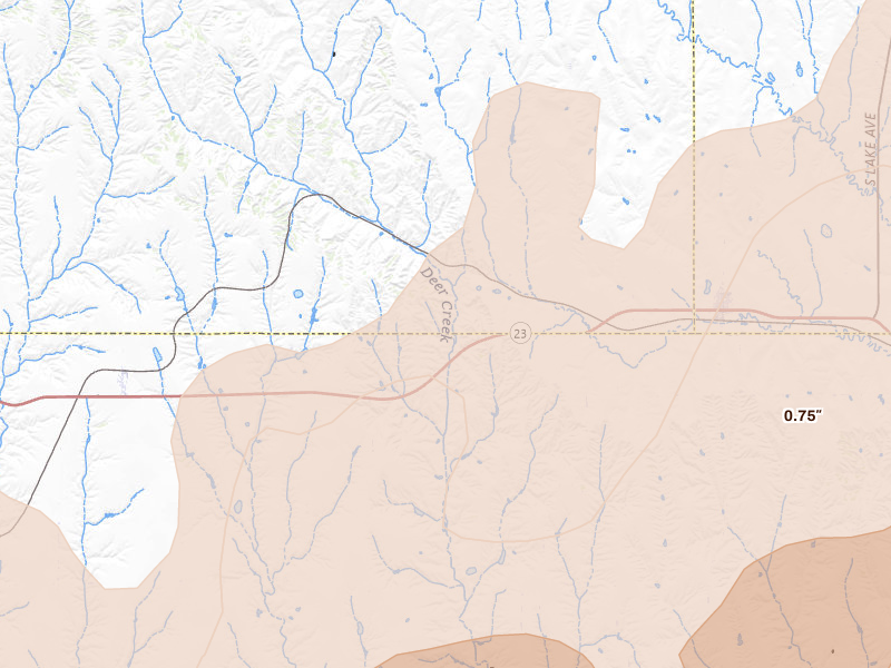 Radar-estimated hail-size map of the storm over Farnam, NE on Jul 2, 2026
