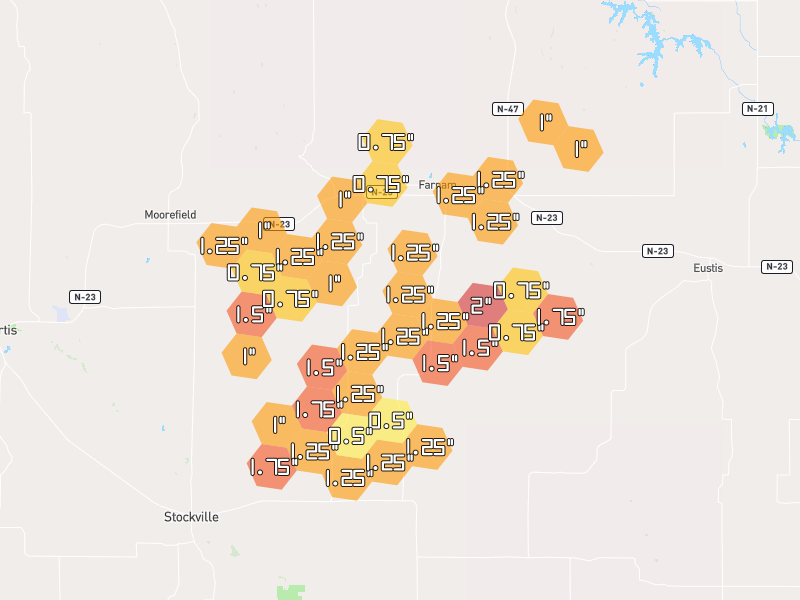 Hail map of Farnam, NE on Jul 3, 2026, hail up to 2"