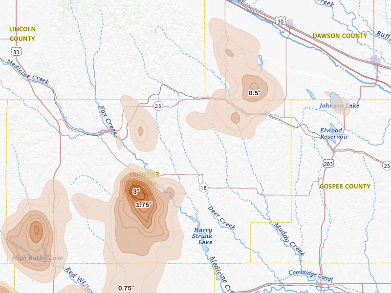Radar-estimated hail-size map of the storm over Farnam, NE on Aug 20, 2026