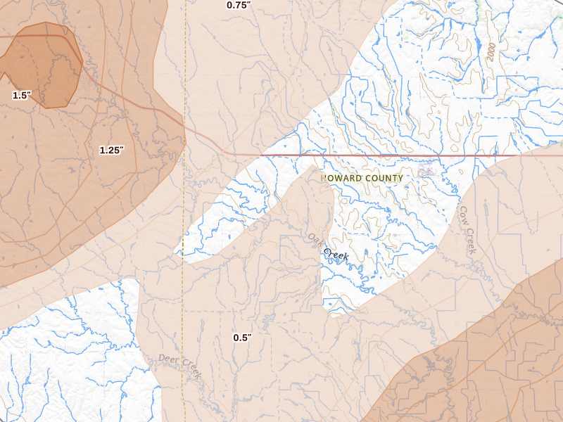 Radar-estimated hail-size map of the storm over Farwell, NE on May 17, 2026