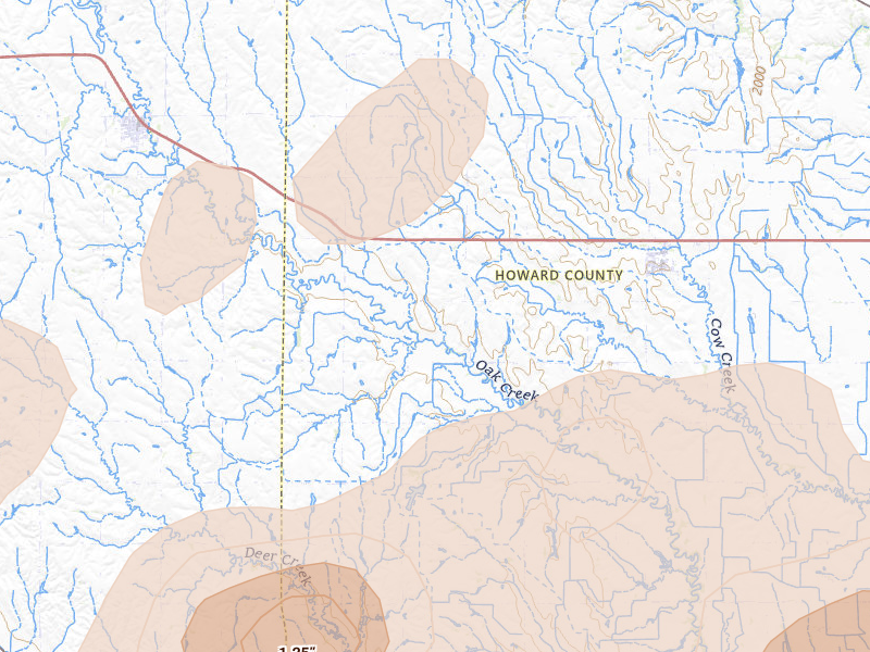 Radar-estimated hail-size map of the storm over Farwell, NE on Jun 5, 2026