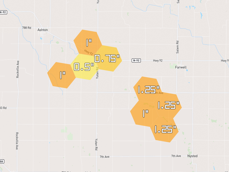 Hail map of Farwell, NE on Jun 6, 2026, hail up to 1.25"