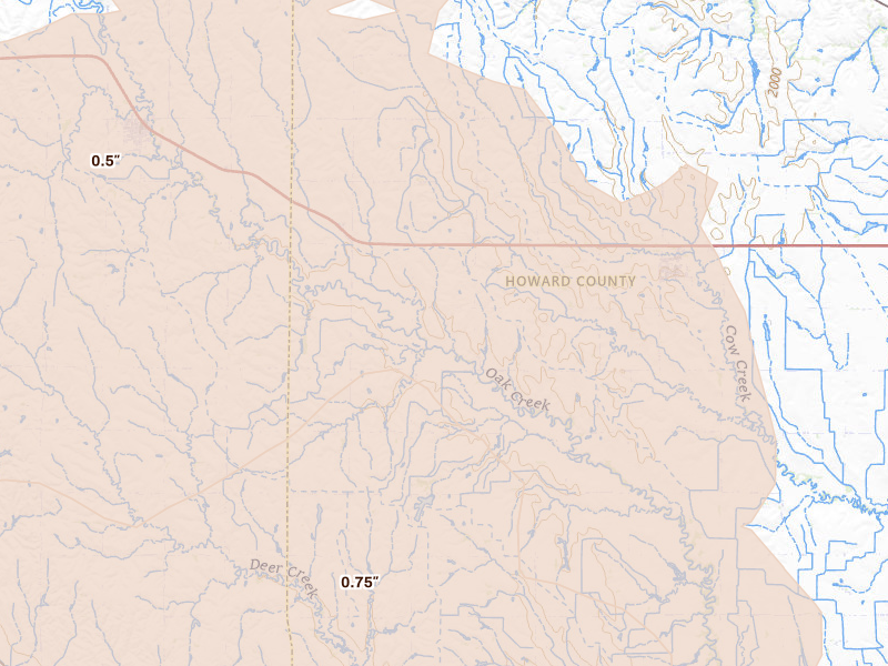 Radar-estimated hail-size map of the storm over Farwell, NE on Jun 20, 2026