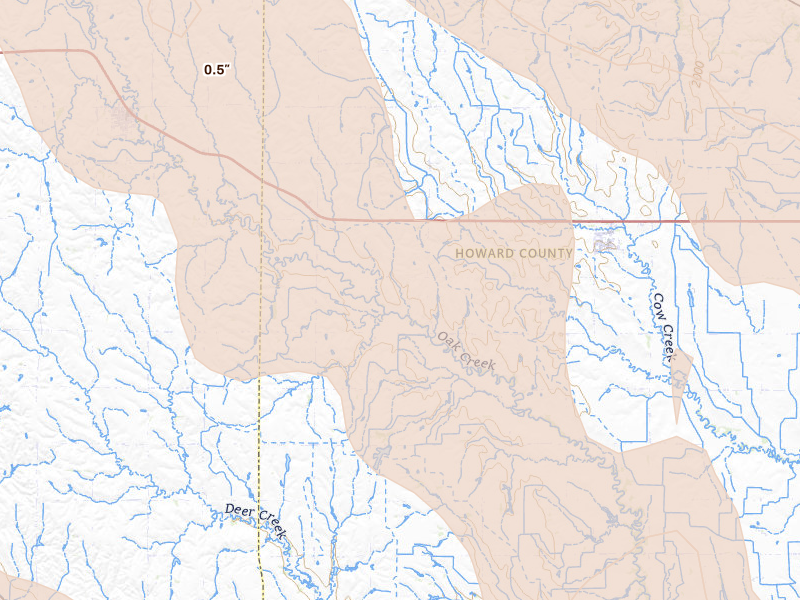 Radar-estimated hail-size map of the storm over Farwell, NE on Aug 17, 2026