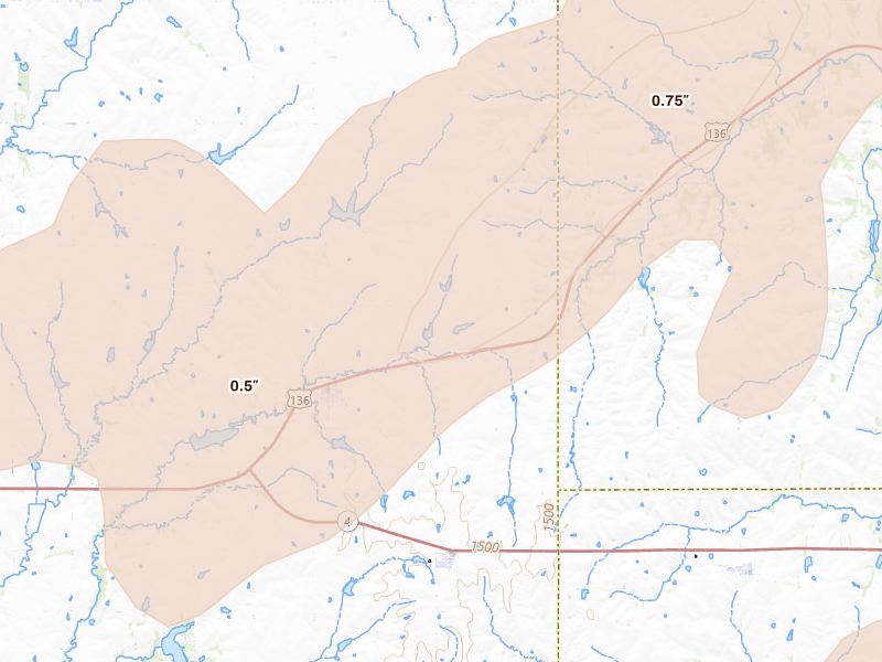 Radar-estimated hail-size map of the storm over Filley, NE