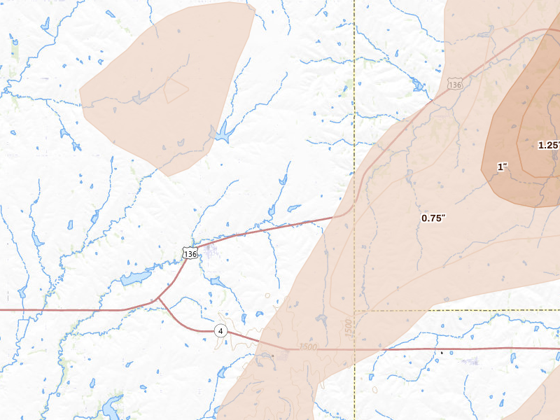 Radar-estimated hail-size map of the storm over Filley, NE on Apr 23, 2026