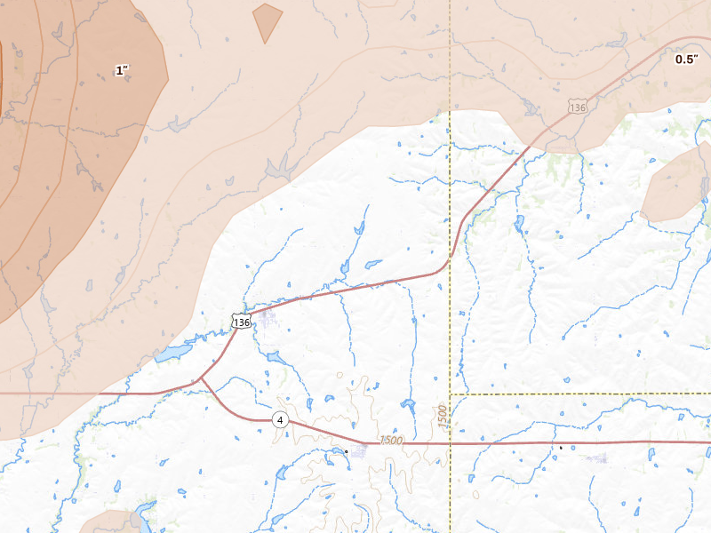 Radar-estimated hail-size map of the storm over Filley, NE on May 16, 2026
