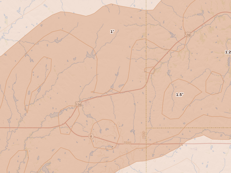 Radar-estimated hail-size map of the storm over Filley, NE on May 18, 2026