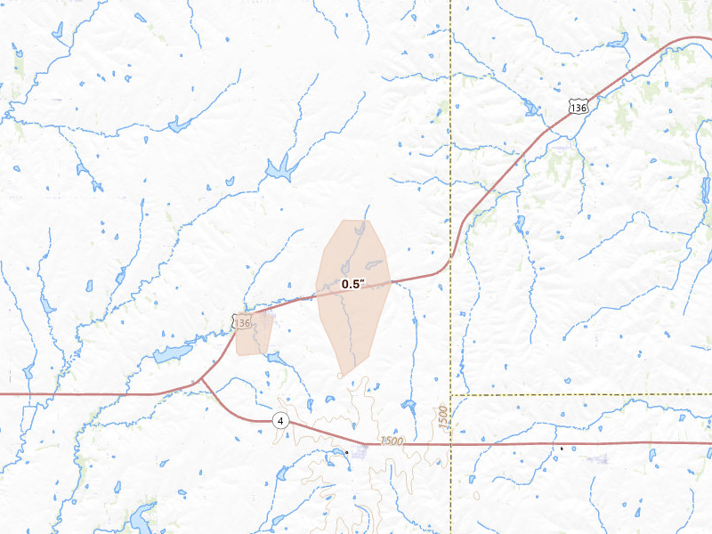 Radar-estimated hail-size map of the storm over Filley, NE on May 30, 2026